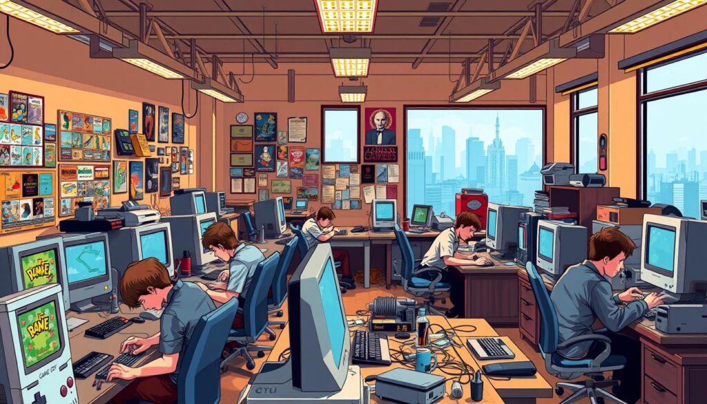 A bustling game development studio in the 90s, filled with passionate third-party Game Boy developers. In the foreground, a group of talented pixel artists hunched over their workstations, meticulously crafting detailed sprites and backgrounds. In the middle ground, programmers furiously typing code, optimizing every cycle to squeeze out the most from the Game Boy's humble hardware. In the background, a wall of vintage gaming memorabilia and awards, a testament to the studio's celebrated contributions to the beloved handheld's library. Warm overhead lighting casts a nostalgic glow, while large windows offer a glimpse of the city skyline beyond, hinting at the global reach of these innovative Game Boy titles. A bustling game development studio in the 90s, filled with passionate third-party Game Boy developers. In the foreground, a group of talented pixel artists hunched over their workstations, meticulously crafting detailed sprites and backgrounds. In the middle ground, programmers furiously typing code, optimizing every cycle to squeeze out the most from the Game Boy's humble hardware. In the background, a wall of vintage gaming memorabilia and awards, a testament to the studio's celebrated contributions to the beloved handheld's library. Warm overhead lighting casts a nostalgic glow, while large windows offer a glimpse of the city skyline beyond, hinting at the global reach of these innovative Game Boy titles.