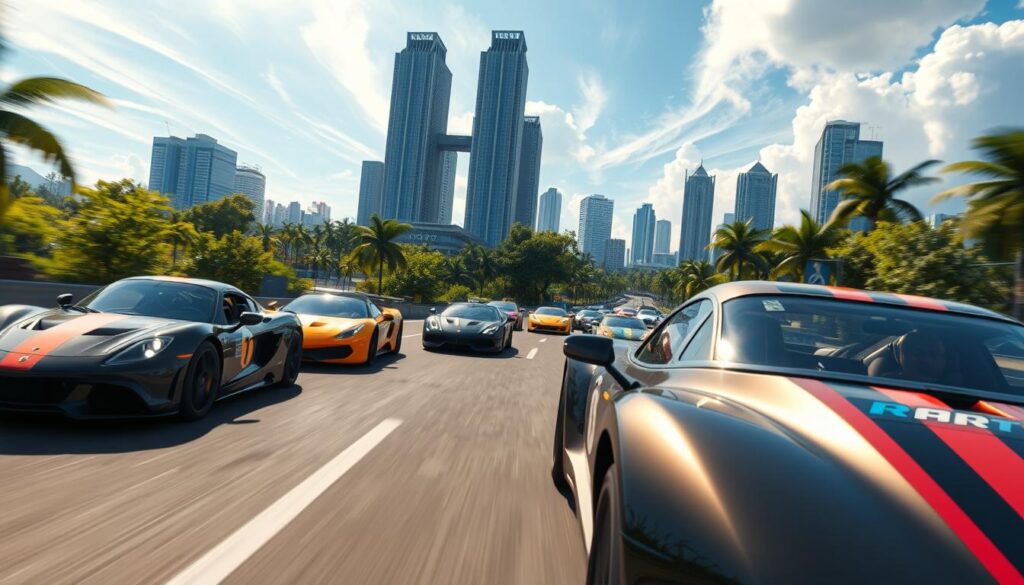 A bustling open-world racing scene unfolds on a sun-dappled road. In the foreground, sleek sports cars jostle for position, their drivers' faces alight with competitive spirit as they jockey for the lead. Looming in the middle ground, towering skyscrapers and lush greenery frame the dynamic race, creating a sense of urban sprawl and adventure. The sky is alive with wispy clouds, bathing the scene in a warm, golden glow that accentuates the vibrant colors of the vehicles and the players' animated expressions. The overall atmosphere evokes the thrill of high-stakes multiplayer racing, where friends and rivals push the limits of their skills and machines in a quest for the checkered flag. A bustling open-world racing scene unfolds on a sun-dappled road. In the foreground, sleek sports cars jostle for position, their drivers' faces alight with competitive spirit as they jockey for the lead. Looming in the middle ground, towering skyscrapers and lush greenery frame the dynamic race, creating a sense of urban sprawl and adventure. The sky is alive with wispy clouds, bathing the scene in a warm, golden glow that accentuates the vibrant colors of the vehicles and the players' animated expressions. The overall atmosphere evokes the thrill of high-stakes multiplayer racing, where friends and rivals push the limits of their skills and machines in a quest for the checkered flag.