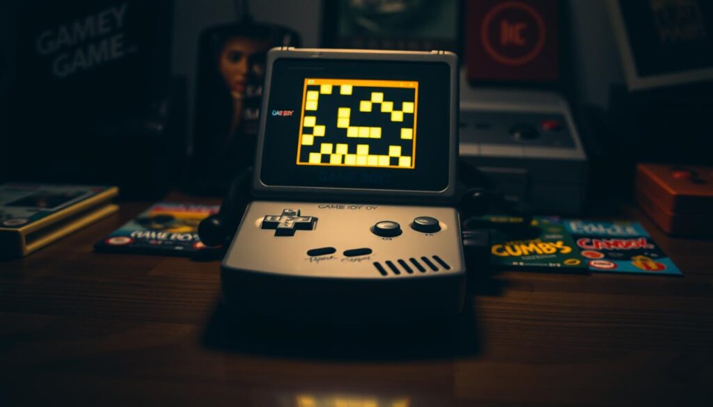 A dimly lit Game Boy console resting on a wooden table, its screen displaying a classic puzzle game with geometric shapes and vibrant colors. The foreground features the iconic Game Boy device in stunning detail, with its signature buttons and screen illuminated by a soft, warm light. The middle ground showcases a selection of popular Game Boy puzzle titles, their covers showcasing their unique visual styles and captivating gameplay. In the background, a sense of nostalgia and retro gaming ambiance is created through the use of muted tones, vintage textures, and subtle hints of gaming memorabilia. A dimly lit Game Boy console resting on a wooden table, its screen displaying a classic puzzle game with geometric shapes and vibrant colors. The foreground features the iconic Game Boy device in stunning detail, with its signature buttons and screen illuminated by a soft, warm light. The middle ground showcases a selection of popular Game Boy puzzle titles, their covers showcasing their unique visual styles and captivating gameplay. In the background, a sense of nostalgia and retro gaming ambiance is created through the use of muted tones, vintage textures, and subtle hints of gaming memorabilia.