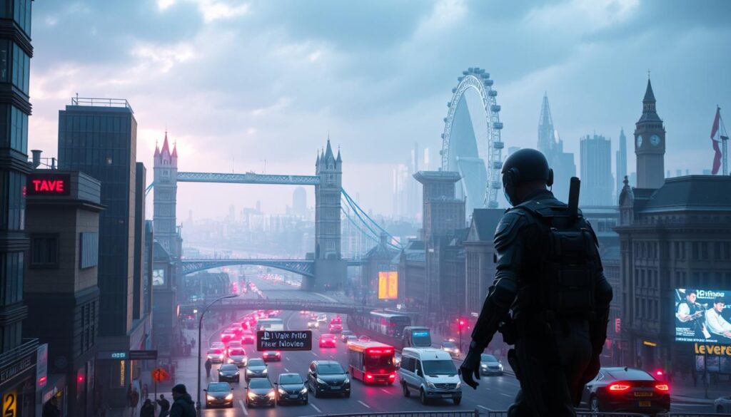A futuristic cityscape of London, bathed in a neon-tinged, cyberpunk glow. In the foreground, a lone figure clad in a tactical suit navigates the bustling streets, their augmented reality display casting an eerie luminescence. The middle ground showcases a sprawling open world, teeming with towering skyscrapers, autonomous vehicles, and a diverse array of citizens going about their daily lives. In the background, the iconic landmarks of London - the Tower Bridge, the London Eye, and the Houses of Parliament - loom large, their silhouettes etched against a moody, atmospheric sky. The overall scene conveys a sense of immersion, adventure, and the power of next-generation gaming on the PS5 platform. A futuristic cityscape of London, bathed in a neon-tinged, cyberpunk glow.