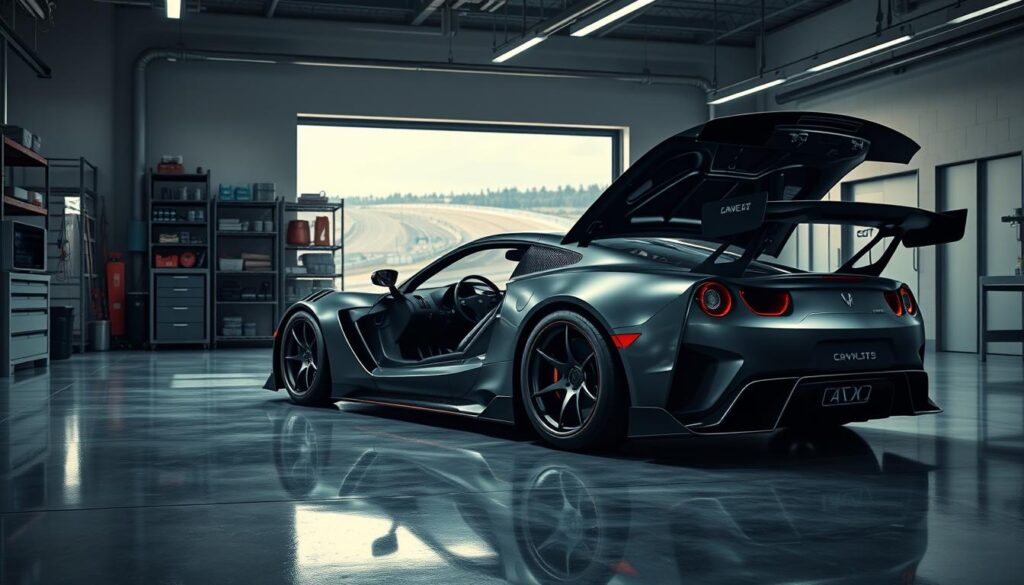 A high-fidelity, photorealistic car racing simulation in a sleek, minimalist garage setting. The foreground features a customizable sports car, its hood open to reveal a detailed engine. The middle ground showcases various performance upgrades and cosmetic modifications, including a carbon fiber body kit, oversized spoiler, and custom rims. The background depicts a well-lit, modern workshop with glossy concrete floors, metallic shelving, and a large panoramic window overlooking a racetrack in the distance. Dramatic cinematic lighting casts dramatic shadows, highlighting the car's aerodynamic lines and the engineer's tools. The overall mood conveys a sense of immersive, technologically-advanced racing experience. A high-fidelity, photorealistic car racing simulation in a sleek, minimalist garage setting. The foreground features a customizable sports car, its hood open to reveal a detailed engine. The middle ground showcases various performance upgrades and cosmetic modifications, including a carbon fiber body kit, oversized spoiler, and custom rims. The background depicts a well-lit, modern workshop with glossy concrete floors, metallic shelving, and a large panoramic window overlooking a racetrack in the distance. Dramatic cinematic lighting casts dramatic shadows, highlighting the car's aerodynamic lines and the engineer's tools. The overall mood conveys a sense of immersive, technologically-advanced racing experience.