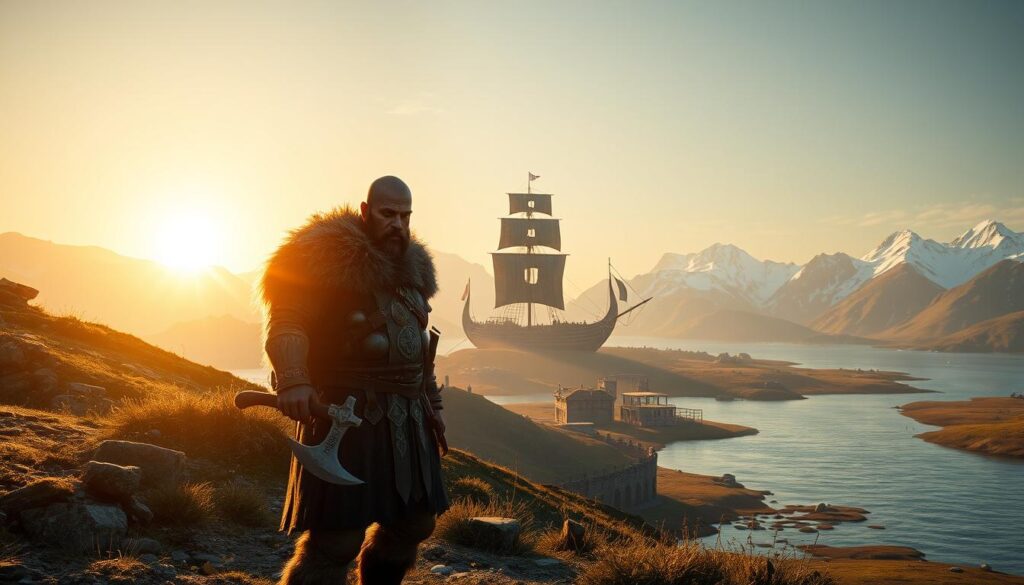 A vast, rugged Norse landscape bathed in the soft golden glow of the setting sun. In the foreground, a Viking warrior, clad in fur-lined armor and wielding a fearsome battle-axe, stands resolute and determined. Behind them, the towering silhouette of a grand longship, its majestic sails billowing in the wind, rests upon the tranquil waters of a fjord. In the middle ground, rolling hills adorned with ancient runes and the weathered remains of a Viking settlement come into view, while in the distance, the jagged peaks of snow-capped mountains pierce the horizon, casting long shadows across the land. An air of adventure, exploration, and the untamed spirit of the Norse people permeates the scene, perfectly capturing the essence of the Assassin's Creed Valhalla Viking open-world experience on the PlayStation 5. Viking open-world experience on the PlayStation 5.